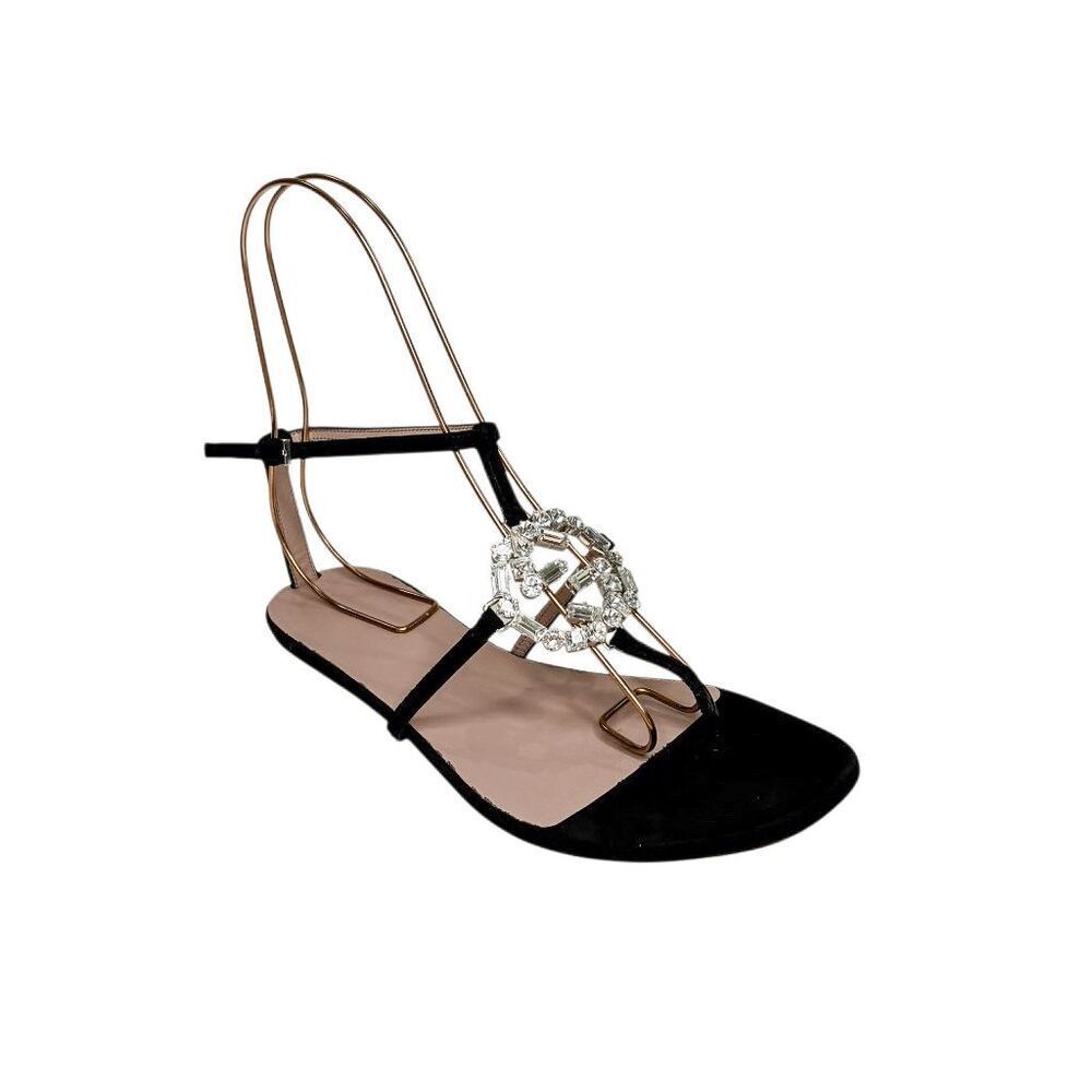 Gucci Crystal GG T-Strap Flat Sandals EU 36.5 US 6.5 Black Suede Interlocking G